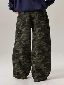 Vaulklash 男士时尚街头迷彩斜插口袋宽松阔腿牛仔裤 - 軍綠色 - 查看 3