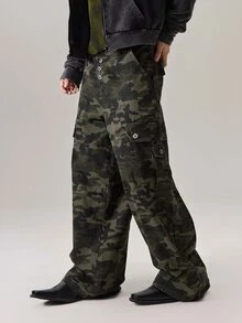 Vaulklash 街头风迷彩工装裤，纽扣设计多口袋休闲宽松阔腿牛仔裤 - 軍綠色 - 查看 5