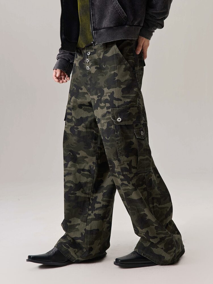 Vaulklash Streetwear Camouflage Cargo Pants, Button Design Multi-Pocket Casual Loose Wide Leg Jeans 90s Style - Army Green - View 5