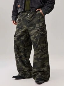 Vaulklash 街头风迷彩工装裤，纽扣设计多口袋休闲宽松阔腿牛仔裤 - 軍綠色 - 查看 6