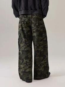 Vaulklash 街头风迷彩工装裤，纽扣设计多口袋休闲宽松阔腿牛仔裤 - 軍綠色 - 查看 3