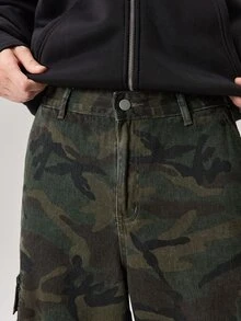 Vaulklash 男式街头时尚休闲多口袋喇叭腿迷彩牛仔裤 - 軍綠色 - 查看 7