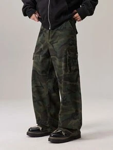 Vaulklash 男式街头时尚休闲多口袋喇叭腿迷彩牛仔裤 - 軍綠色 - 查看 4