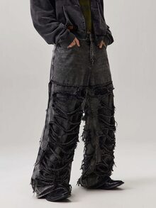 Vaulklash Men's Casual Distressed Frayed Hem Dark Grey Denim Jeans - Black - View 5