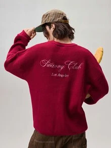 Vaulklash 男士时尚字母图案长袖针织毛衣 红色毛衣 男士圆领卫衣 - 紅色 - 查看 3