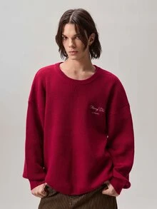 Vaulklash 男士时尚字母图案长袖针织毛衣 红色毛衣 男士圆领卫衣 - 紅色 - 查看 5