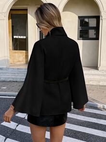 Serisse Women's Fashionable Elegant French Solid Color Cloak Overcoat, Fall Office Black Autumn Winter - Black - View 2
