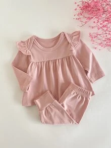 Newborn Baby Solid Color Round Neck Ruffle Top Long Pants Casual Baby Girl Going Family Matching Hospital Birth Sleepwear Set Dusty Pink Autumn - Baby Pink - View 1
