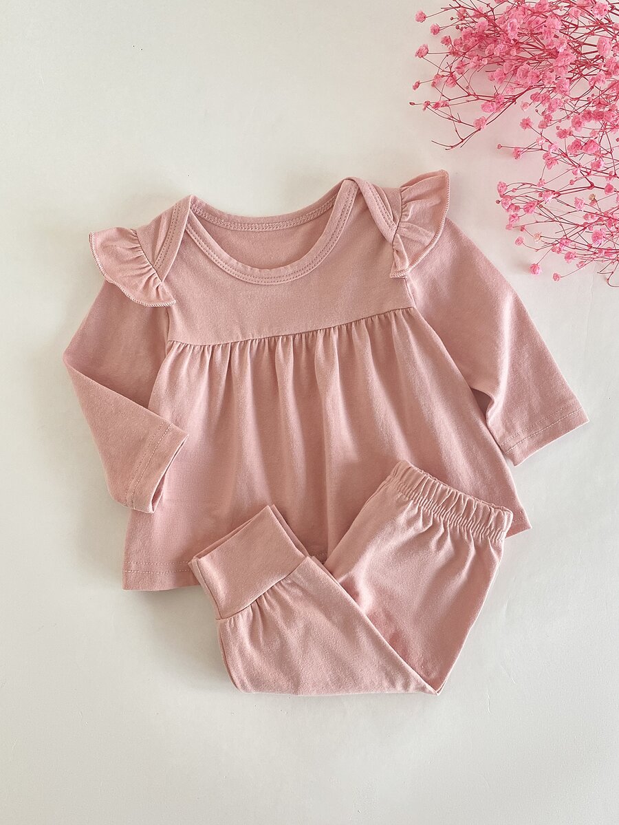 Newborn Baby Solid Color Round Neck Ruffle Top Long Pants Casual Baby Girl Going Family Matching Hospital Birth Sleepwear Set Dusty Pink Autumn - Baby Pink - View 1