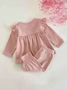 Newborn Baby Solid Color Round Neck Ruffle Top Long Pants Casual Baby Girl Going Family Matching Hospital Birth Sleepwear Set Dusty Pink Autumn - Baby Pink - View 2