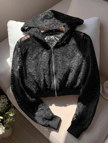 Comfortcana Hoodie Wanita Kasual Seksi Hitam Motif Bunga dengan Tali Serut dan Hiasan Renda, Cocok untuk Malam Halloween dan Musim Gugur. - Hitam - View 5