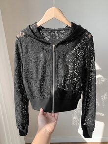 Comfortcana Hoodie Wanita Kasual Seksi Hitam Motif Bunga dengan Tali Serut dan Hiasan Renda, Cocok untuk Malam Halloween dan Musim Gugur. - Hitam - View 1
