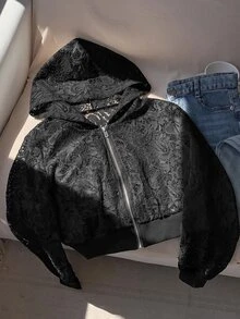 Comfortcana Hoodie Wanita Kasual Seksi Hitam Motif Bunga dengan Tali Serut dan Hiasan Renda, Cocok untuk Malam Halloween dan Musim Gugur. - Hitam - View 4