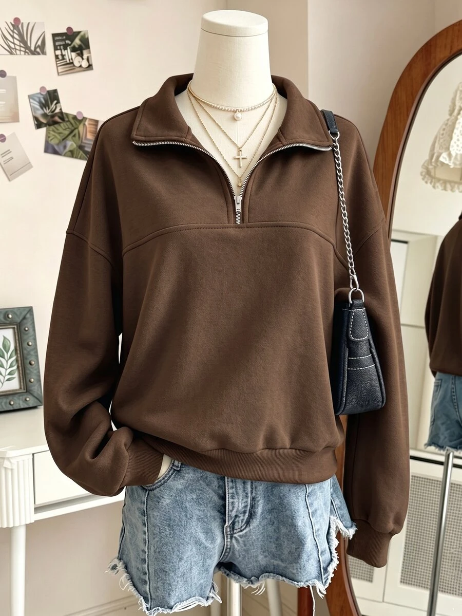 SHEIN Sparklyn 青少年女孩抓絨秋季服飾 素色落肩長袖半拉鍊休閒寬鬆衛衣 秋季毛衣 畢業季六年級棕色 - 咖啡棕 - 查看 1