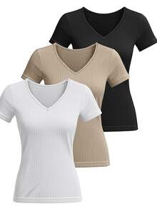 New Casual Slim-Fit Versatile V-Neck Sexy Short Sleeve T-Shirt Set For Women - Multicolor - View 5