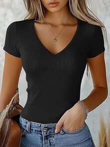 New Casual Slim-Fit Versatile V-Neck Sexy Short Sleeve T-Shirt Set For Women - Multicolor - View 7