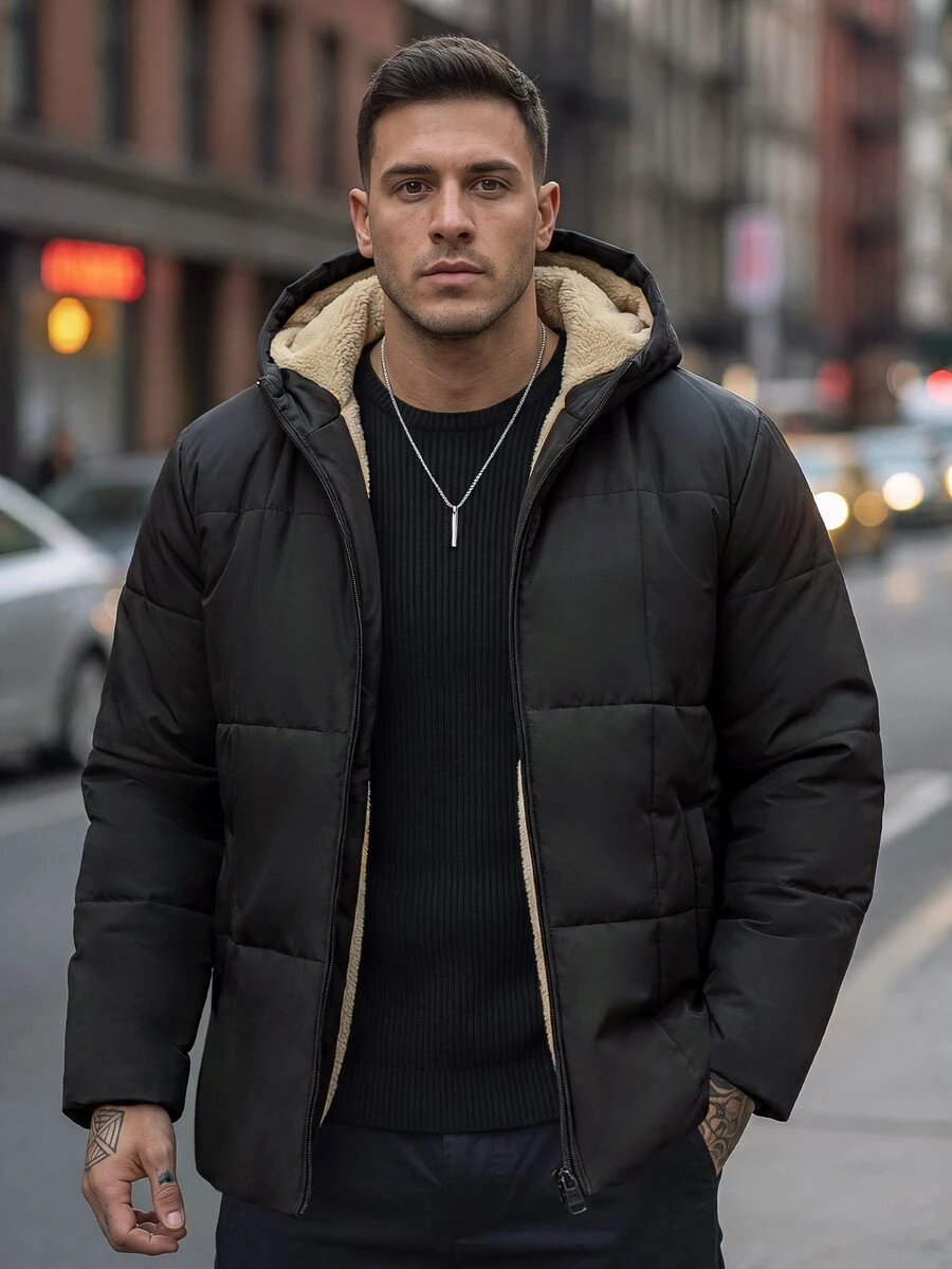 Manfinity Homme معطف مبطن بقبعة ذو لون أحادي للرجال بمقاسات كبيرة - الأسود - مشاهدة 1