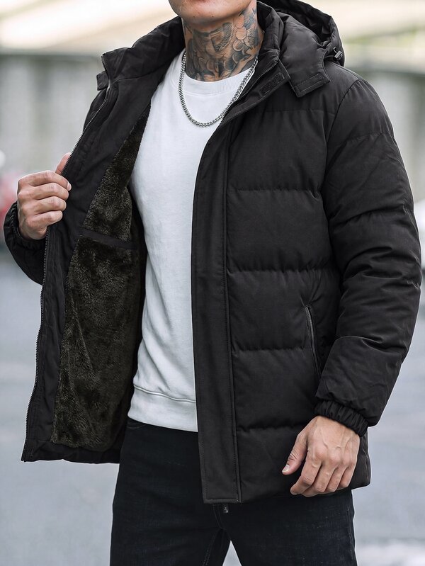 Manfinity Homme Casaco masculino acolchoado com capuz e zíper frontal de cor sólida, casaco preto de inverno para sair, para amigos, marido, presentes para namorado