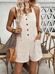 EMERY ROSE Enterizo informal sin mangas con botones frontales y doble bolsillo para verano - Albaricoque - Ver 6