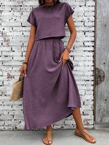 EMERY ROSE 2pcs Women Vacation Casual Solid Color Shirt & Skirt Set - Violet Purple - View 7