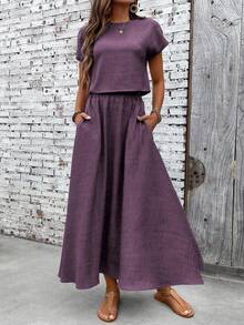 EMERY ROSE 2pcs Women Vacation Casual Solid Color Shirt & Skirt Set - Violet Purple - View 4