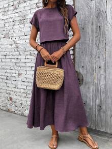 EMERY ROSE 2pcs Women Vacation Casual Solid Color Shirt & Skirt Set - Violet Purple - View 5