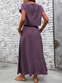EMERY ROSE 2pcs Women Vacation Casual Solid Color Shirt & Skirt Set - Violet Purple - View 2
