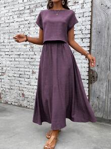 EMERY ROSE 2pcs Women Vacation Casual Solid Color Shirt & Skirt Set - Violet Purple - View 3