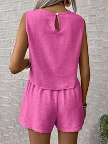 EMERY ROSE 2pcs/Set Women Vacation Casual Solid Color Tank Top And Shorts Set - Hot Pink - View 2