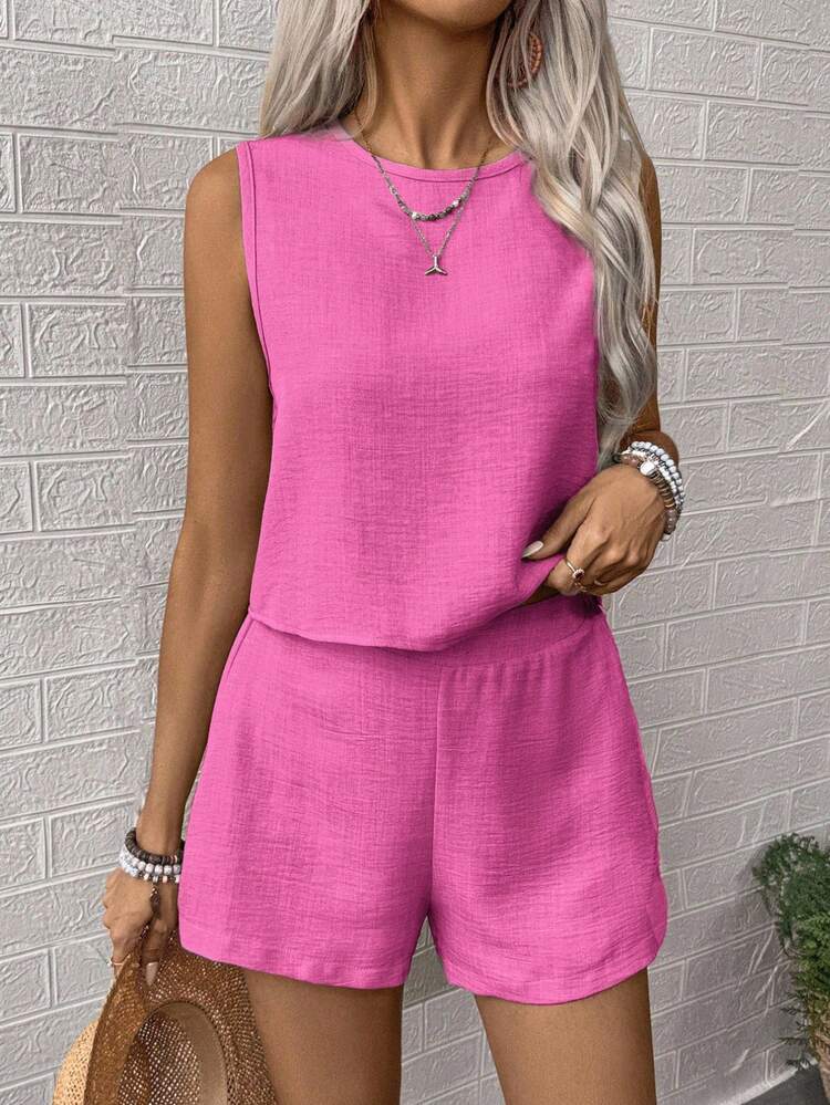 EMERY ROSE 2pcs/Set Women Vacation Casual Solid Color Tank Top And Shorts Set - Hot Pink - View 3