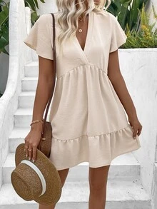 EMERY ROSE Vestido De Mujer Con Dobladillo Con Volantes De Color Sólido - Albaricoque - Ver 3