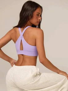 Athîral Women Sports Bra,Backless, Criss-Cross, Hollow Out, Twist & Knot Halter Design, Solid Color Fall - Purple - View 3