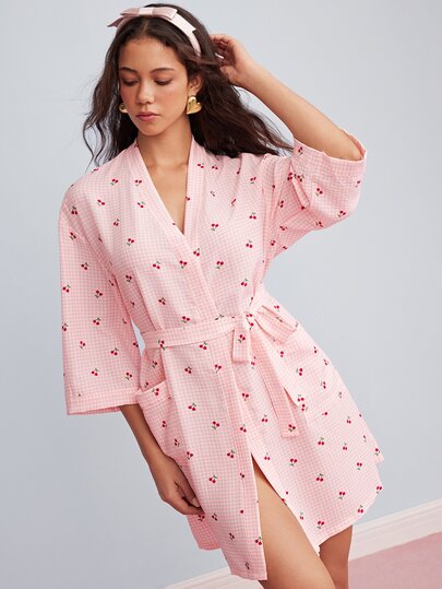 Elorette Women's Casual Cherry Plaid Print Open Front Robe
