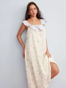 Elorette Cute Cherry Print Contrast Color 3D Bow Decor Camisole Nightgown - White - View 2
