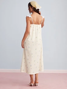 Elorette Cute Cherry Print Contrast Color 3D Bow Decor Camisole Nightgown - White - View 3