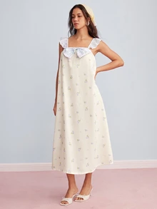 Elorette Cute Cherry Print Contrast Color 3D Bow Decor Camisole Nightgown - White - View 4