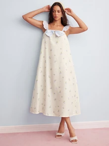Elorette Cute Cherry Print Contrast Color 3D Bow Decor Camisole Nightgown - White - View 6