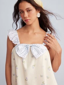 Elorette Cute Cherry Print Contrast Color 3D Bow Decor Camisole Nightgown - White - View 5