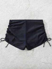 SHEIN Swim Women's Solid Color Side Drawstring Beach Shorts - Black - View 4