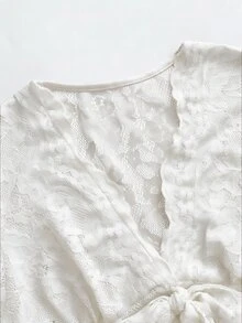Franclia Mono ajustado y sexy con cuello en V profundo, mangas largas acampanadas y encaje en el frente con lazo, color burdeos, para otoño/invierno - Blanco - Ver 3