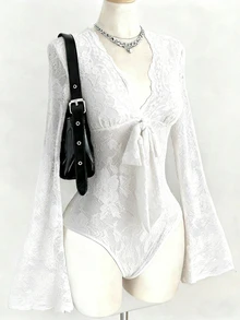 Franclia Mono ajustado y sexy con cuello en V profundo, mangas largas acampanadas y encaje en el frente con lazo, color burdeos, para otoño/invierno - Blanco - Ver 7