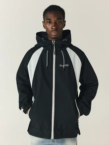 SUMWON Club Oversized Windbreaker Jacket With Hood Zip Closure Color Block White Panels And Logo Script Print - Black - View 4