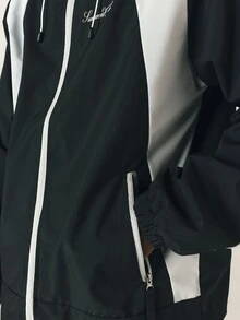 SUMWON Club Oversized Windbreaker Jacket With Hood Zip Closure Color Block White Panels And Logo Script Print - Black - View 5