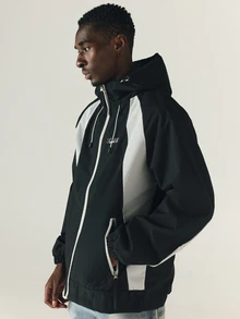 SUMWON Club Oversized Windbreaker Jacket With Hood Zip Closure Color Block White Panels And Logo Script Print - Black - View 7
