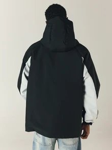 SUMWON Club Oversized Windbreaker Jacket With Hood Zip Closure Color Block White Panels And Logo Script Print - Black - View 2