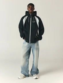 SUMWON Club Oversized Windbreaker Jacket With Hood Zip Closure Color Block White Panels And Logo Script Print - Black - View 3