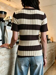 Franclia Vintage Colorblock Striped Half-Button V-Neck Knit Short Sleeve Top For Women - Khaki - View 2