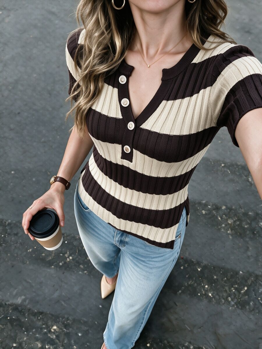 Franclia Vintage Colorblock Striped Half-Button V-Neck Knit Short Sleeve Top For Women - Khaki - View 1