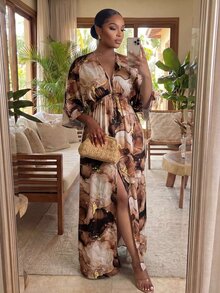 SHEIN Lady 大尺碼女款深V領百褶休閒優雅派對婚禮賓客度假旅行洋裝 酒紅色 秋冬款 - 黑與白 - 查看 6