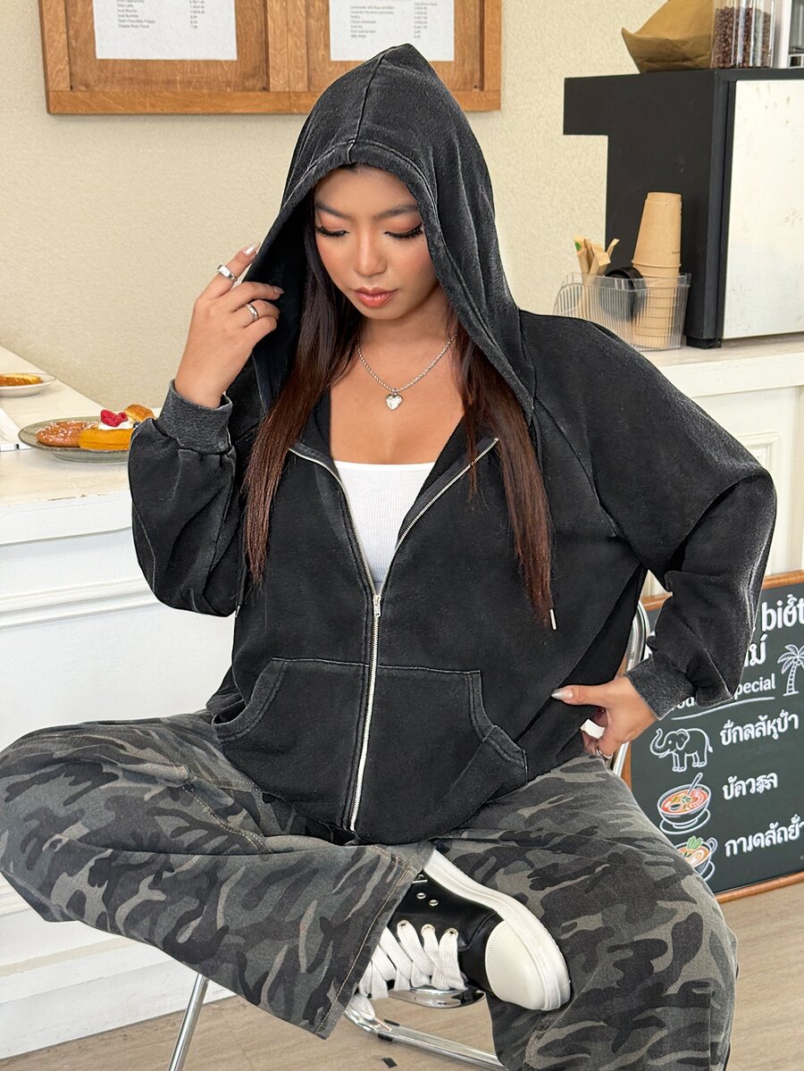 Muchica Plus Size Casual Washed Sweatshirt - Dark Grey - View 1